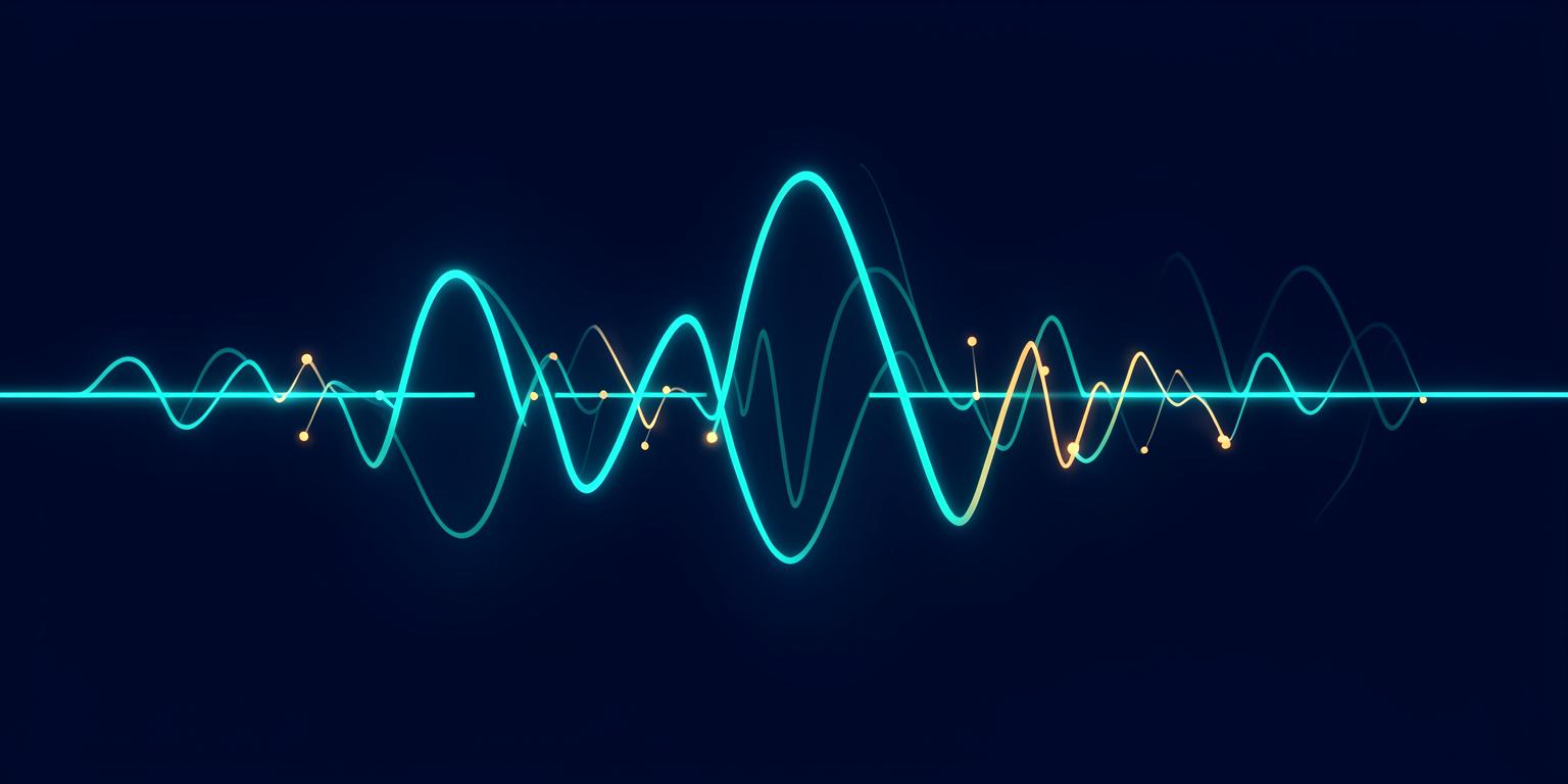 Abstrakte Wellenform in Petrol und Amber auf dunklem Navy-Grund — Symbol für anstrengungs-gekoppelte Musik
